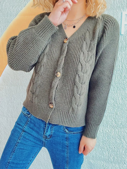 Cable-Knit V-Neck Button Down Long Sleeve Cardigan Easy Apparels