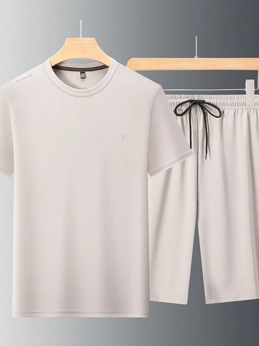 Men's Plus Size Round Neck Short Sleeve Top and Shorts Set Khaki Easy Apparels