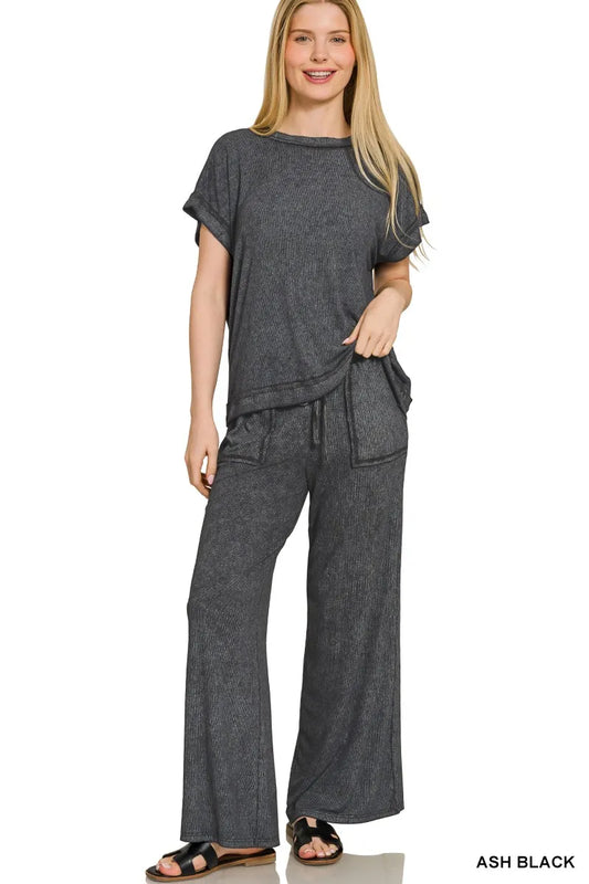 Zenana Ribbed Acid Wash Rayon Top & Pants Set ASH BLACK Easy Apparels