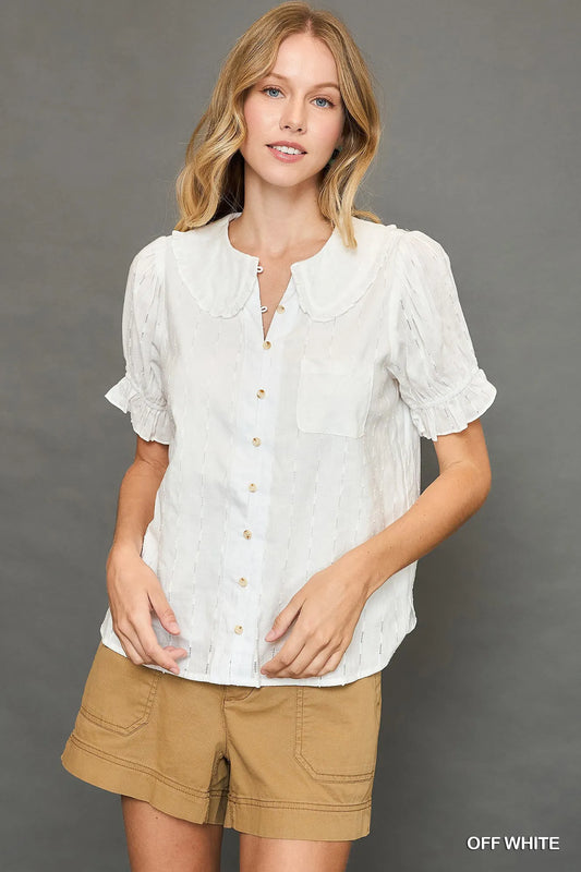 Trendsi Umgee Peter Pan Collared Button Down Textured Shirt with Ruffled Deatil OFF WHITE