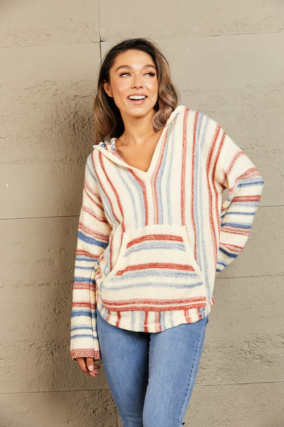 Striped Hooded Sweater with Kangaroo Pocket Easy Apparels