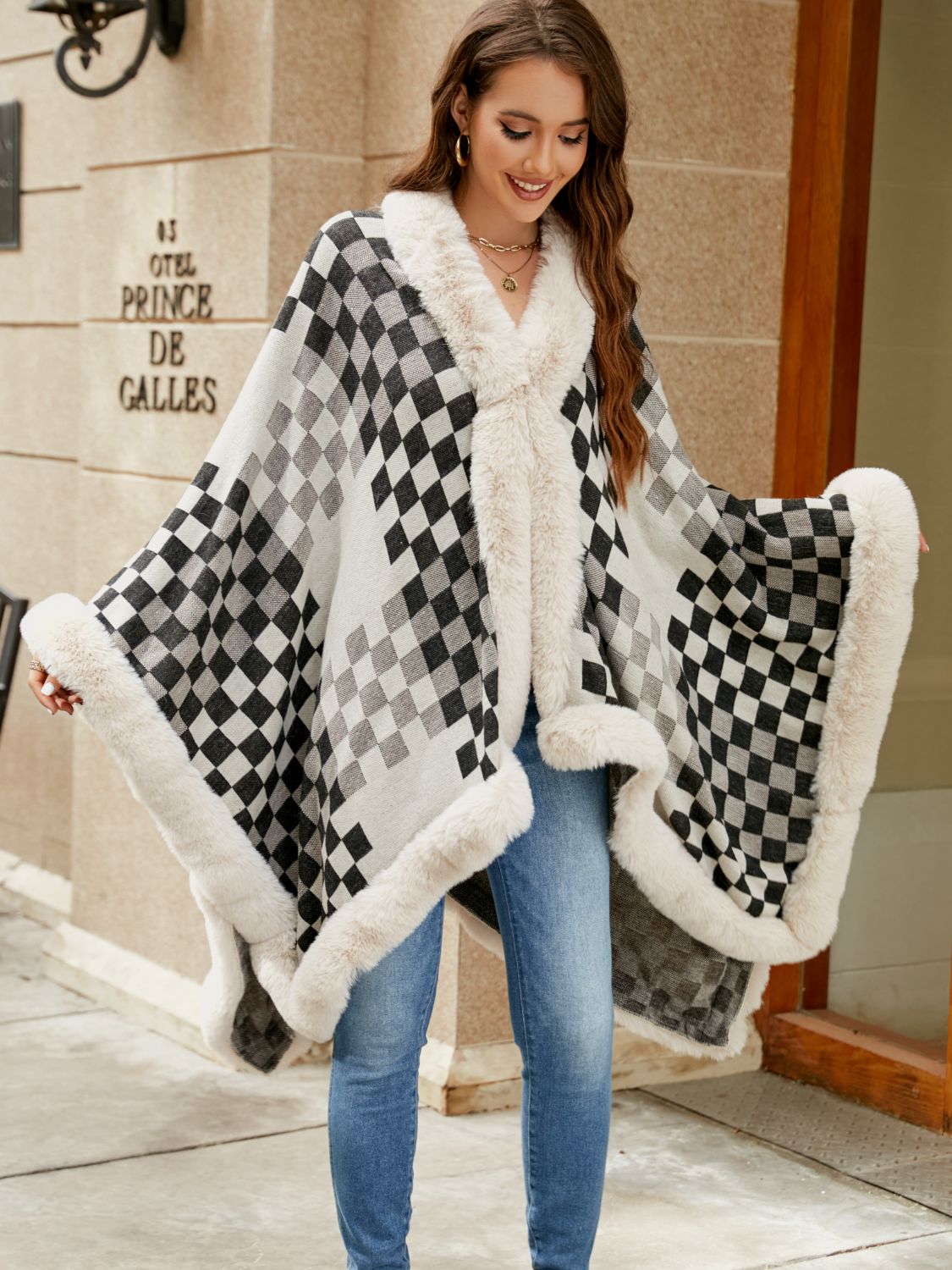 Checkered Faux Fur Trim Poncho Easy Apparels