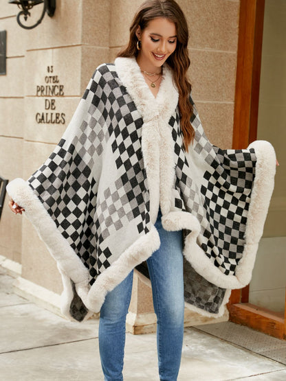Checkered Faux Fur Trim Poncho Easy Apparels