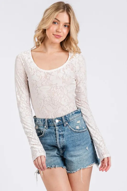 Trendsi Ces Femme Velvet Floral Long Sleeve Bodysuit
