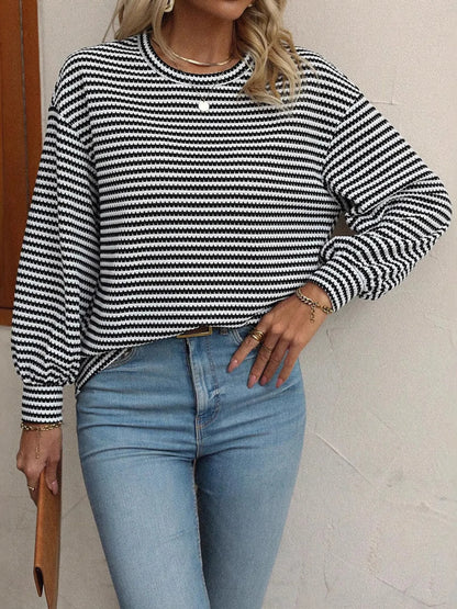 Trendsi Striped Round Neck Lantern Sleeve Top