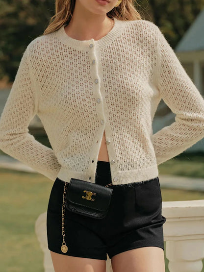 Openwork Button Up Long Sleeve Cardigan Beige Easy Apparels