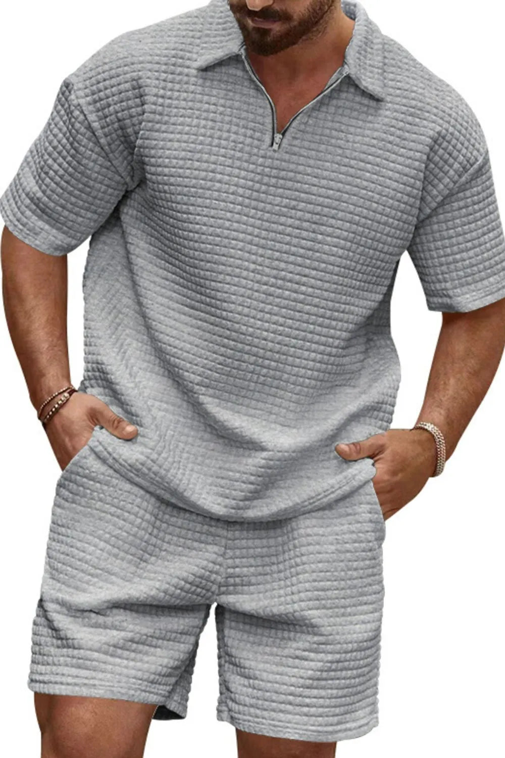 Men's Full Size Zip Collar Short Sleeve Top and Shorts Set Plus Size Grey Easy Apparels