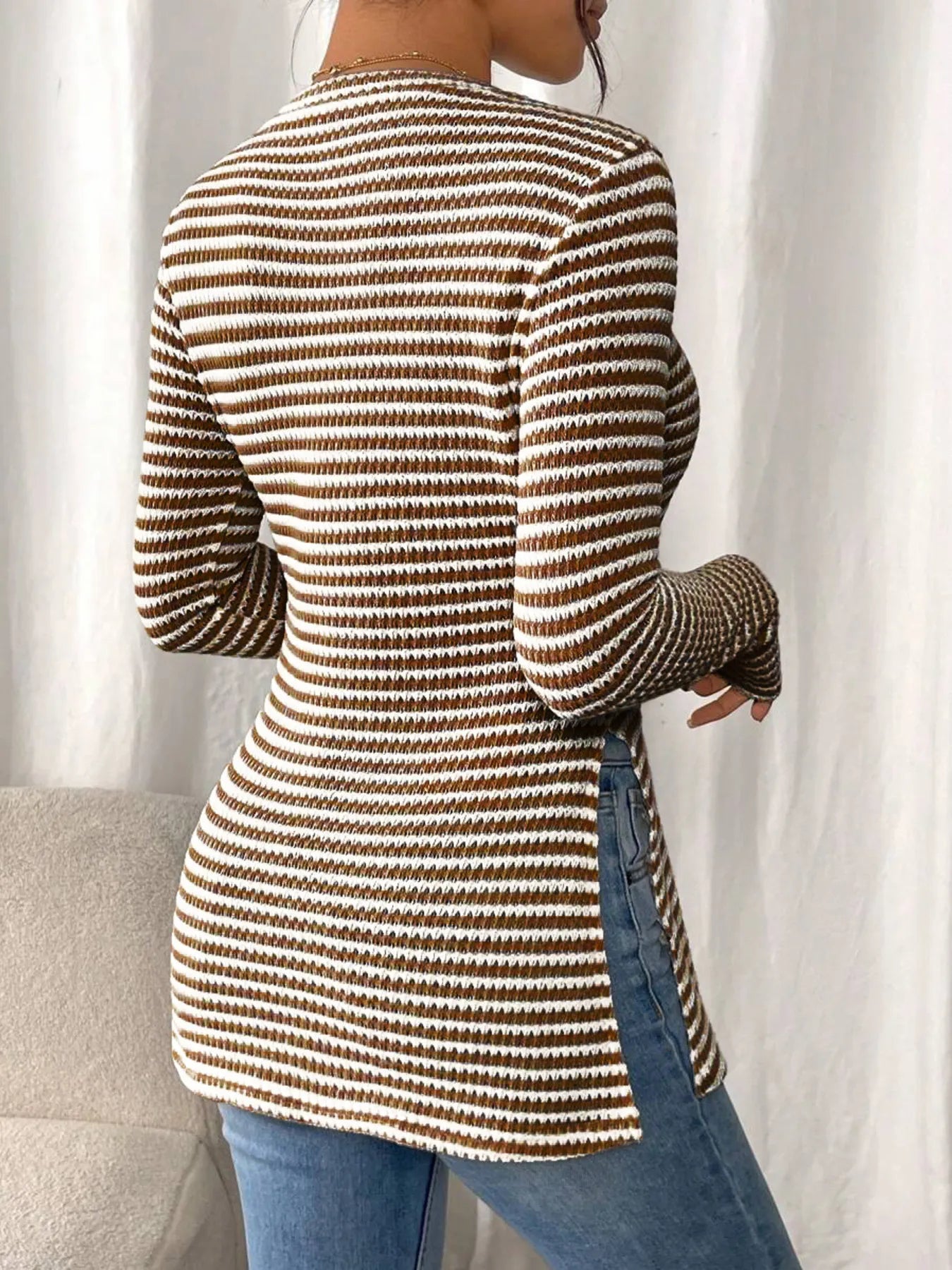 Trendsi Side Slit Striped Long Sleeve T-Shirt