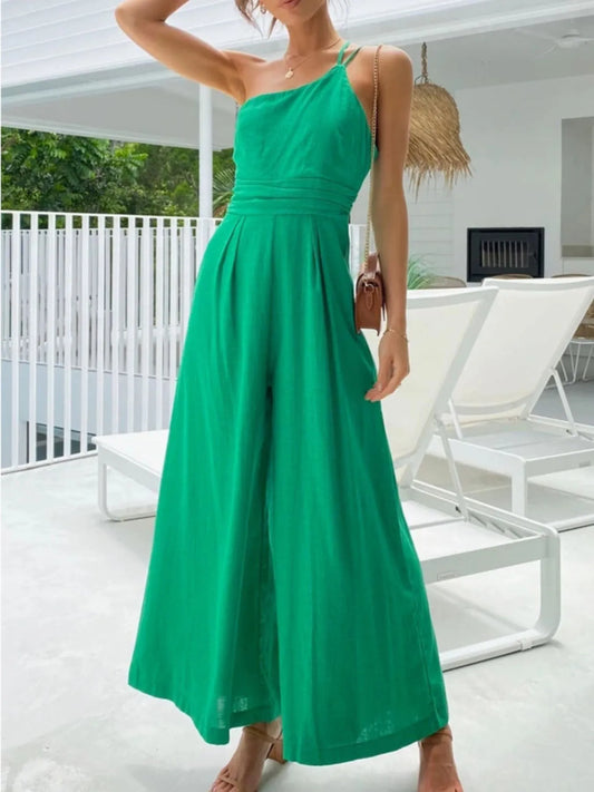 Single Shoulder Wide Leg Jumpsuit Green Easy Apparels