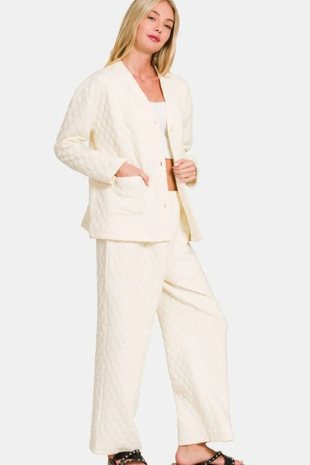 Zenana Quilted Button Up Long Sleeve Top and Pants Lounge Set Easy Apparels