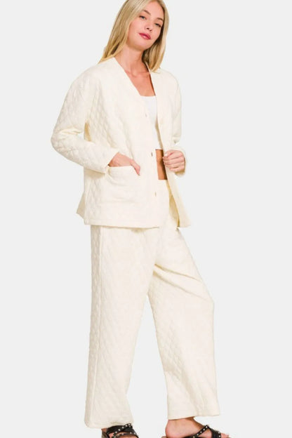 Zenana Quilted Button Up Long Sleeve Top and Pants Lounge Set Easy Apparels