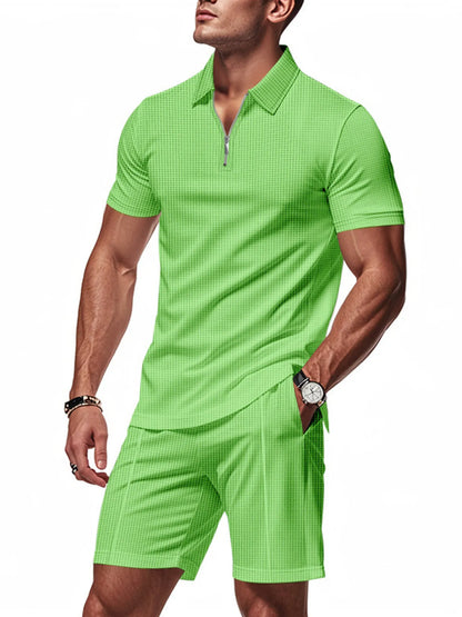Men's Plus Size Quarter Zip Short Sleeve Top and Shorts Set Green Easy Apparels