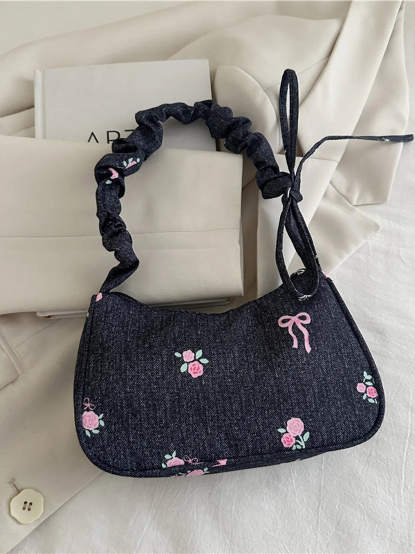 Embroidered Ruched Strap Shoulder Bag Black One Size Easy Apparels