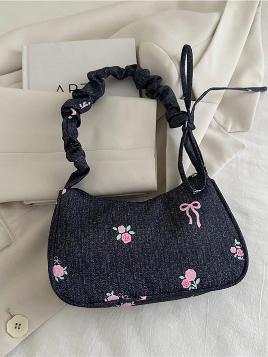 Embroidered Ruched Strap Shoulder Bag Black One Size Easy Apparels