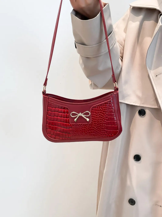Crocodile Pattern Shoulder Bag with Bow Detail Easy Apparels