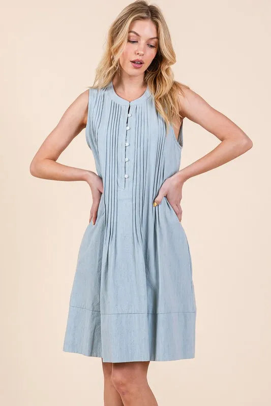 Lime 'N' Chili Denim Pintuck Detail Sleeveless Midi Dress Easy Apparels