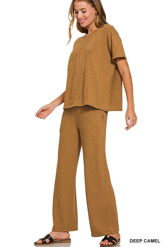 Zenana Slub Short Sleeve T-Shirt and Pants Set DEEP CAMEL Easy Apparels