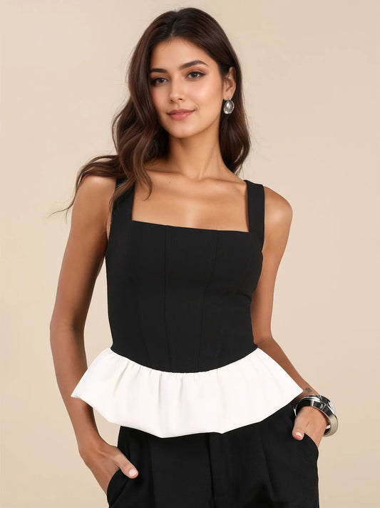 Trendsi Contrast Ruffled Hem Square Neck Tank Black