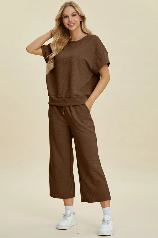 Double Take Full Size Texture Round Neck Top and Pants Set Brown Easy Apparels