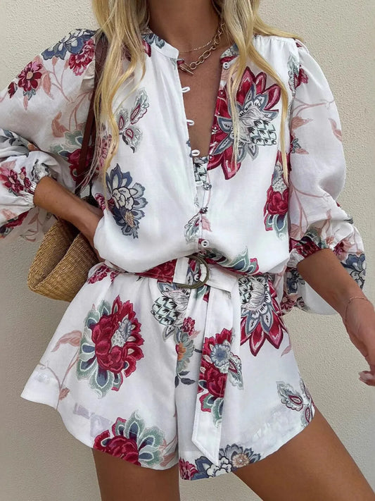 Floral Print Long Sleeve Romper White Easy Apparels