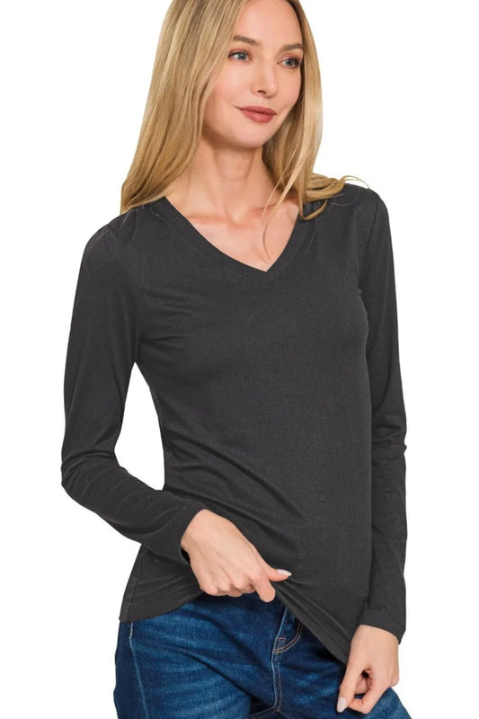 Trendsi Zenana Brushed Microfiber Long Sleeve V-neck Tee Black