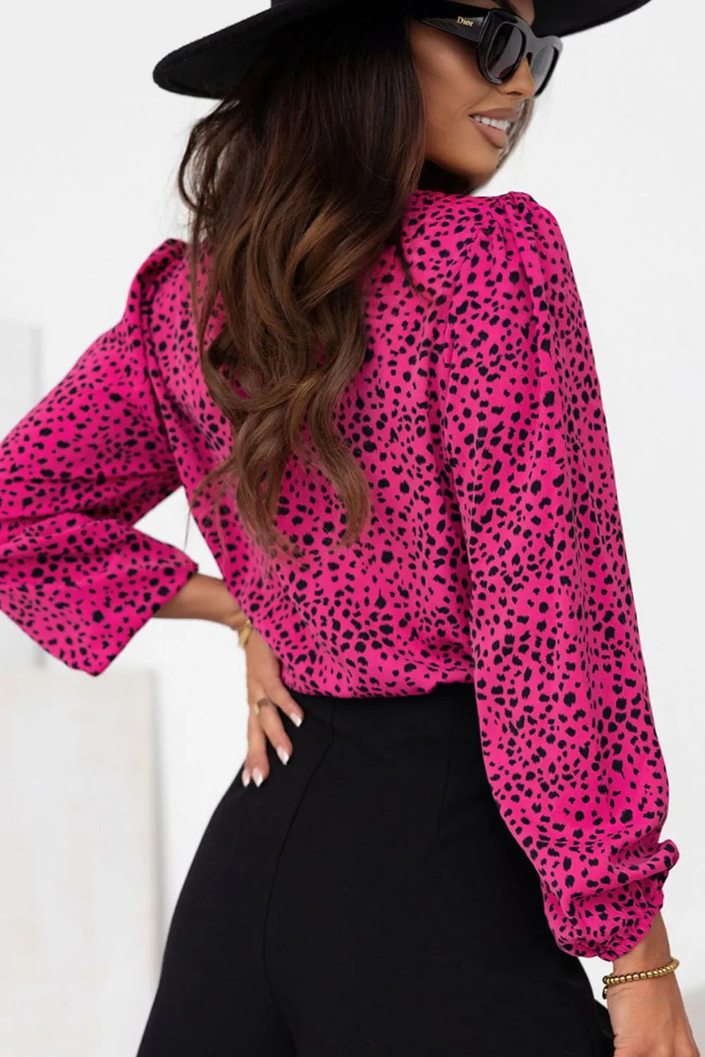 Trendsi Leopard Round Neck Balloon Sleeve Blouse