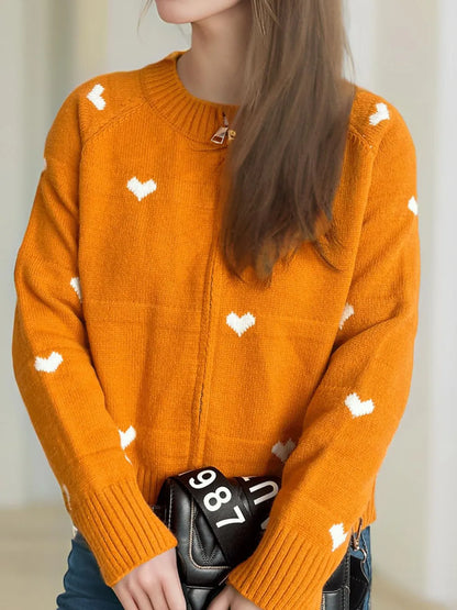 Heart Round Neck Zip Up Cardigan Easy Apparels