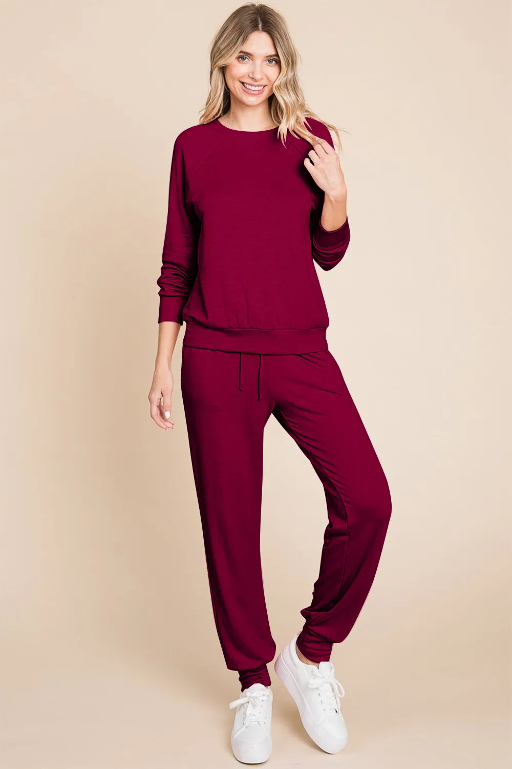 Super Lady Round Neck Raglan Sleeve Top and Pants Lounge Set Easy Apparels