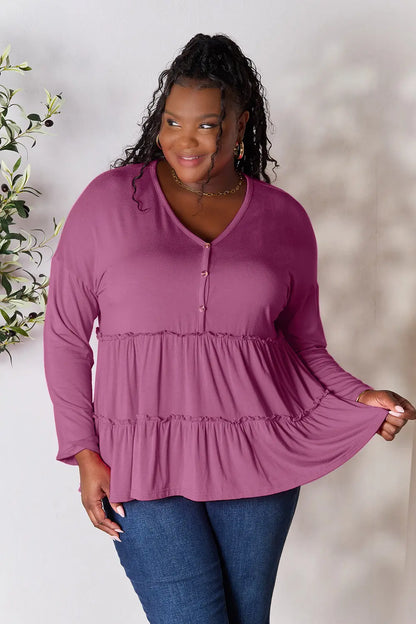 Trendsi Double Take Half Button Long Sleeve Ruffle Hem Blouse Lilac