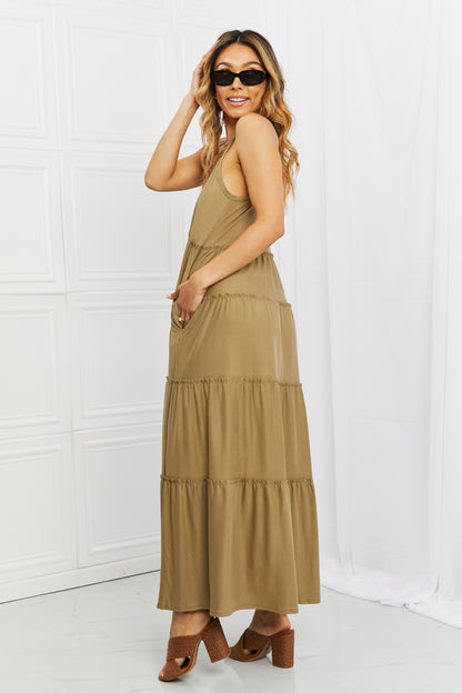 Zenana Full Size Spaghetti Strap Tiered Dress with Pockets in Khaki Easy Apparels