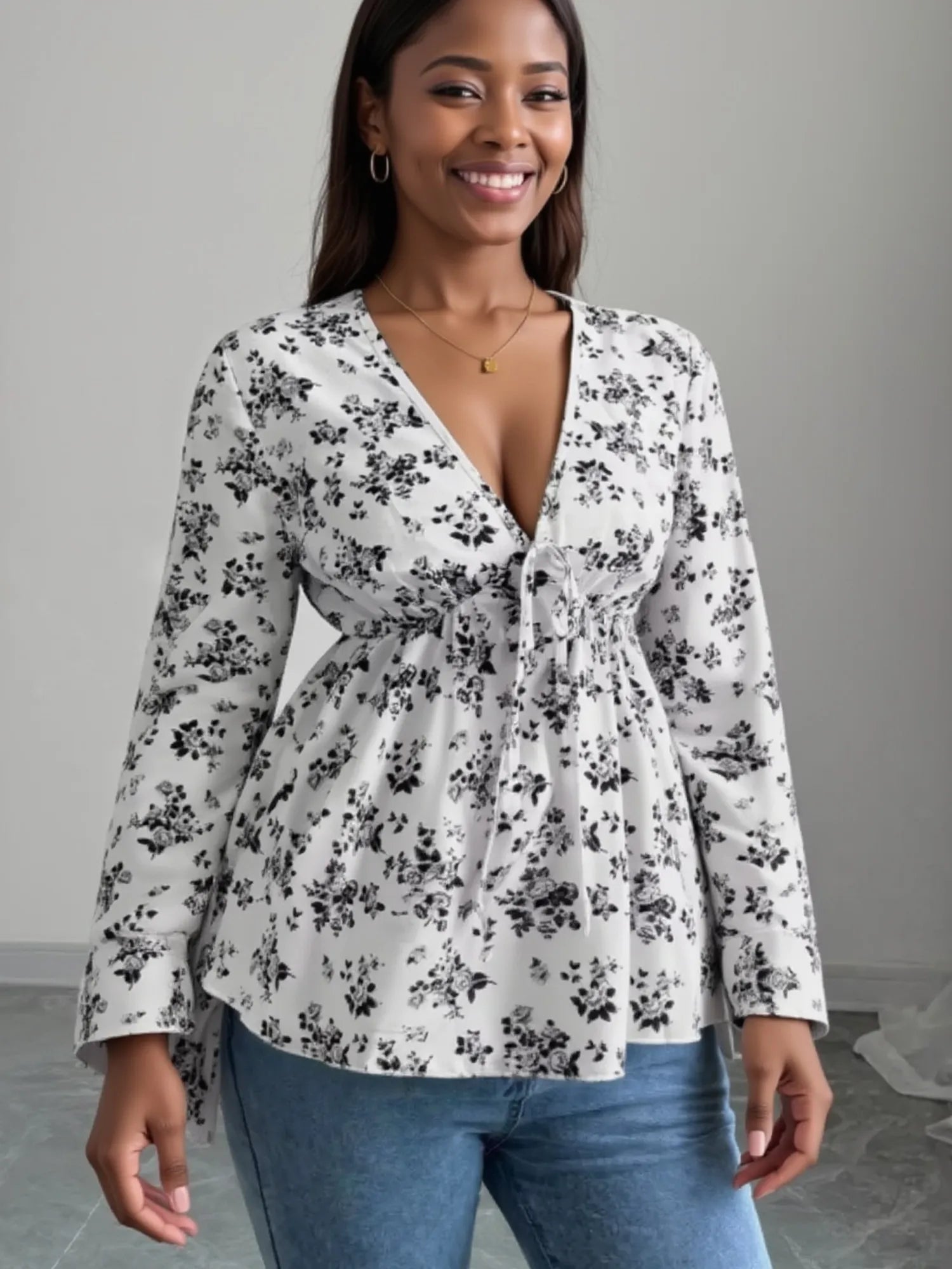 Trendsi Floral Print V-Neck Long Sleeve Blouse