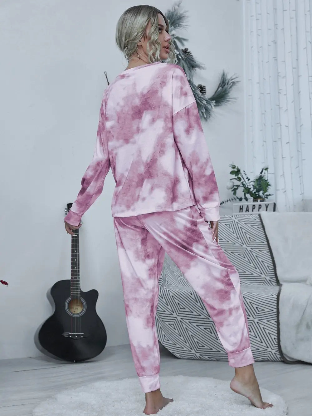 Shiny Tie-dye Round Neck Top and Drawstring Pants Lounge Set Easy Apparels