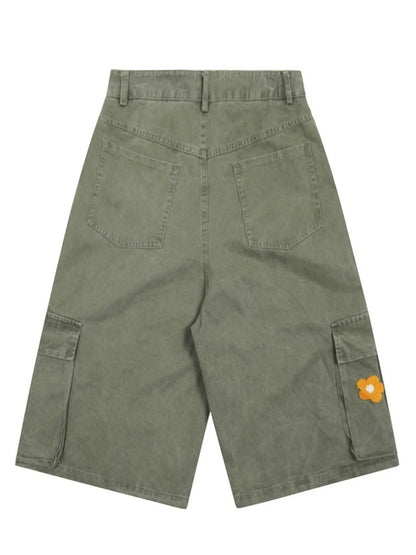 Men's Flower Embroidered Denim Cargo Shorts Easy Apparels