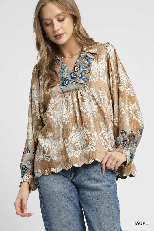 Trendsi Umgee Floral Boho Blouse with Scalloped Hem Taupe