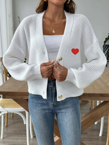 Heart Button Down V-Neck Long Sleeve Cardigan Easy Apparels