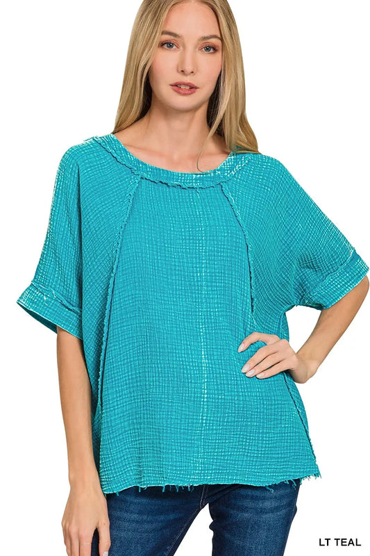 Trendsi Zenana Washed Double Gauze Exposed Seam Short Sleeve Top LT TEAL