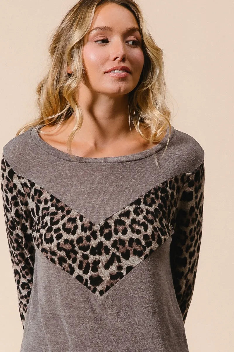 Trendsi BiBi Sweater Knit Top With Leopard V Shape Block