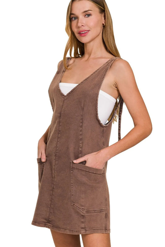 Zenana Washed Adjustable Strap Denim Overall Dress MAHOGANY Easy Apparels