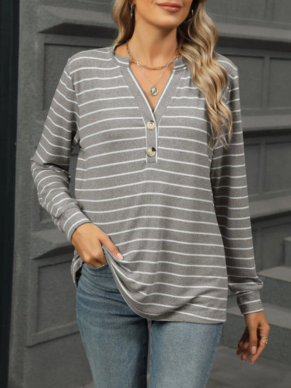 Trendsi Striped Henley T-Shirt with Button Detail Gray