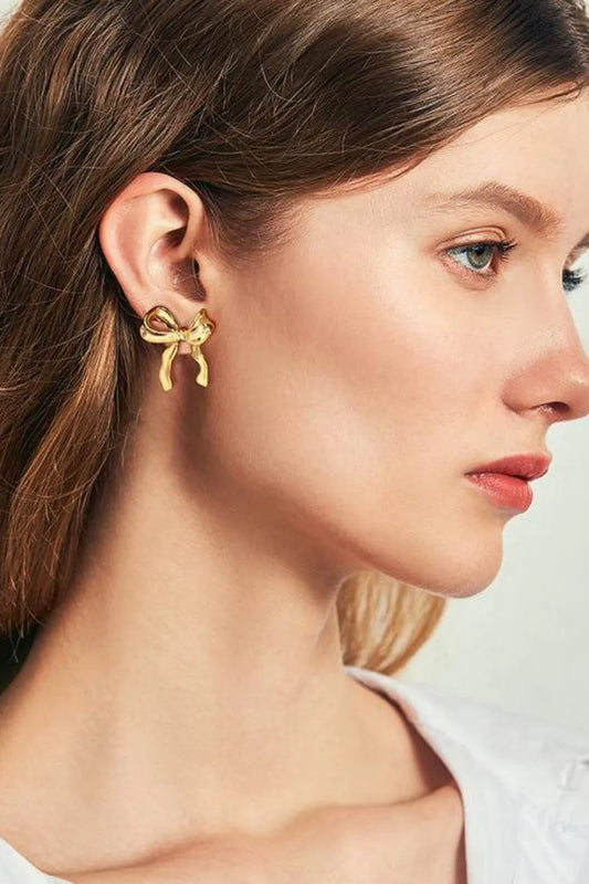 Brass Bow Stud Earrings Gold One Size Easy Apparels