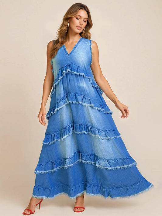 Raw Hem Layered Denim Maxi Dress Blue Easy Apparels