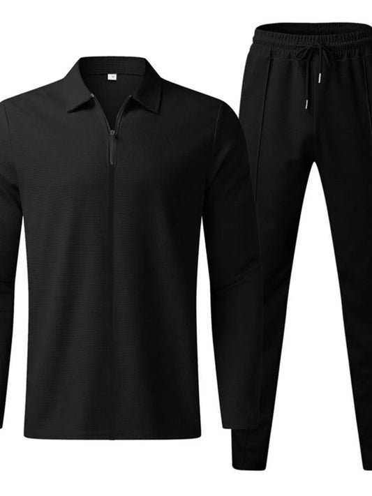 Men's Full Size Zip Up Top and Pants Set Plus Size Black Easy Apparels