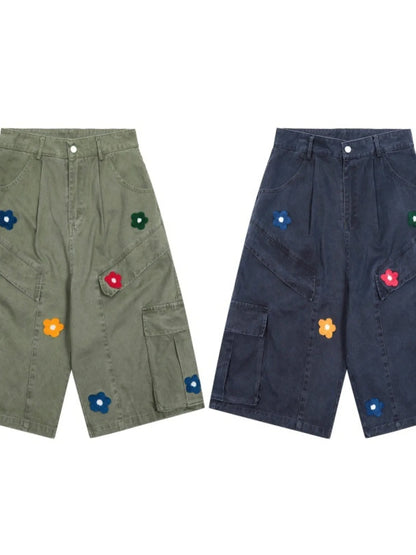 Men's Flower Embroidered Denim Cargo Shorts Easy Apparels