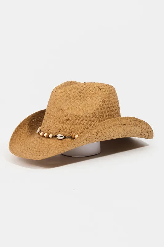 Fame Beaded Cowrie Shell Straw Weave Western Cowboy Hat KA One Size Easy Apparels