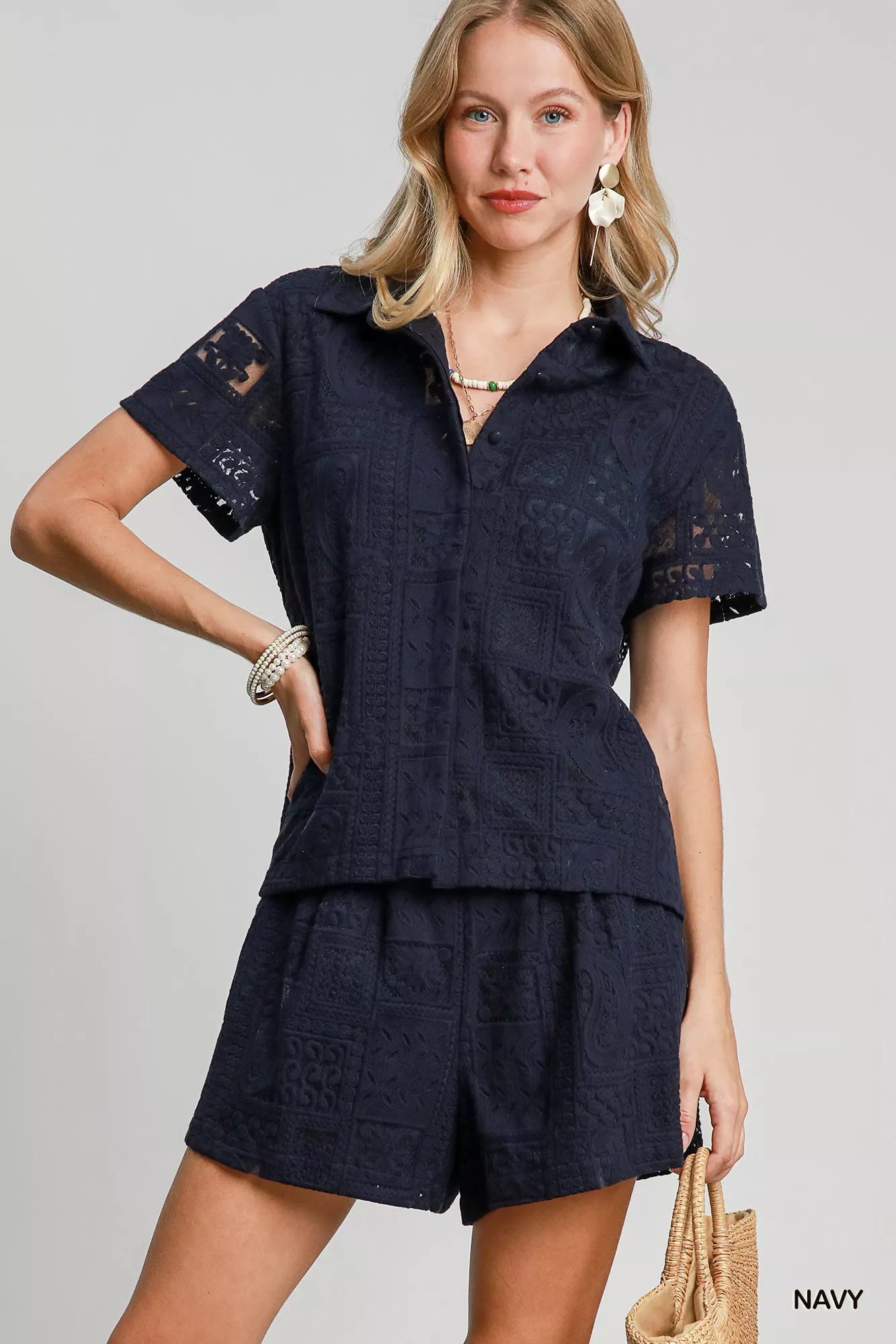 Trendsi Umgee Patch Lace Short Sleeve Button Down Shirt