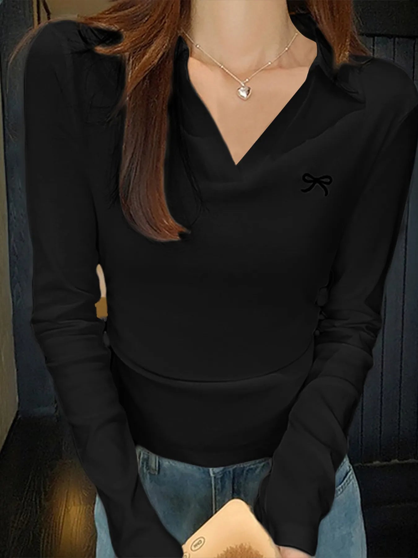 Trendsi Johnny Collar Long Sleeve T-Shirt Black