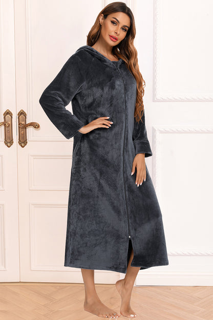 Zip Front Hooded Night Dress with Pockets Charcoal Easy Apparels