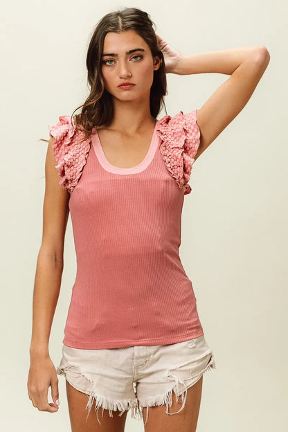 Trendsi BiBi Rib Knit With Textured Ruffled Top