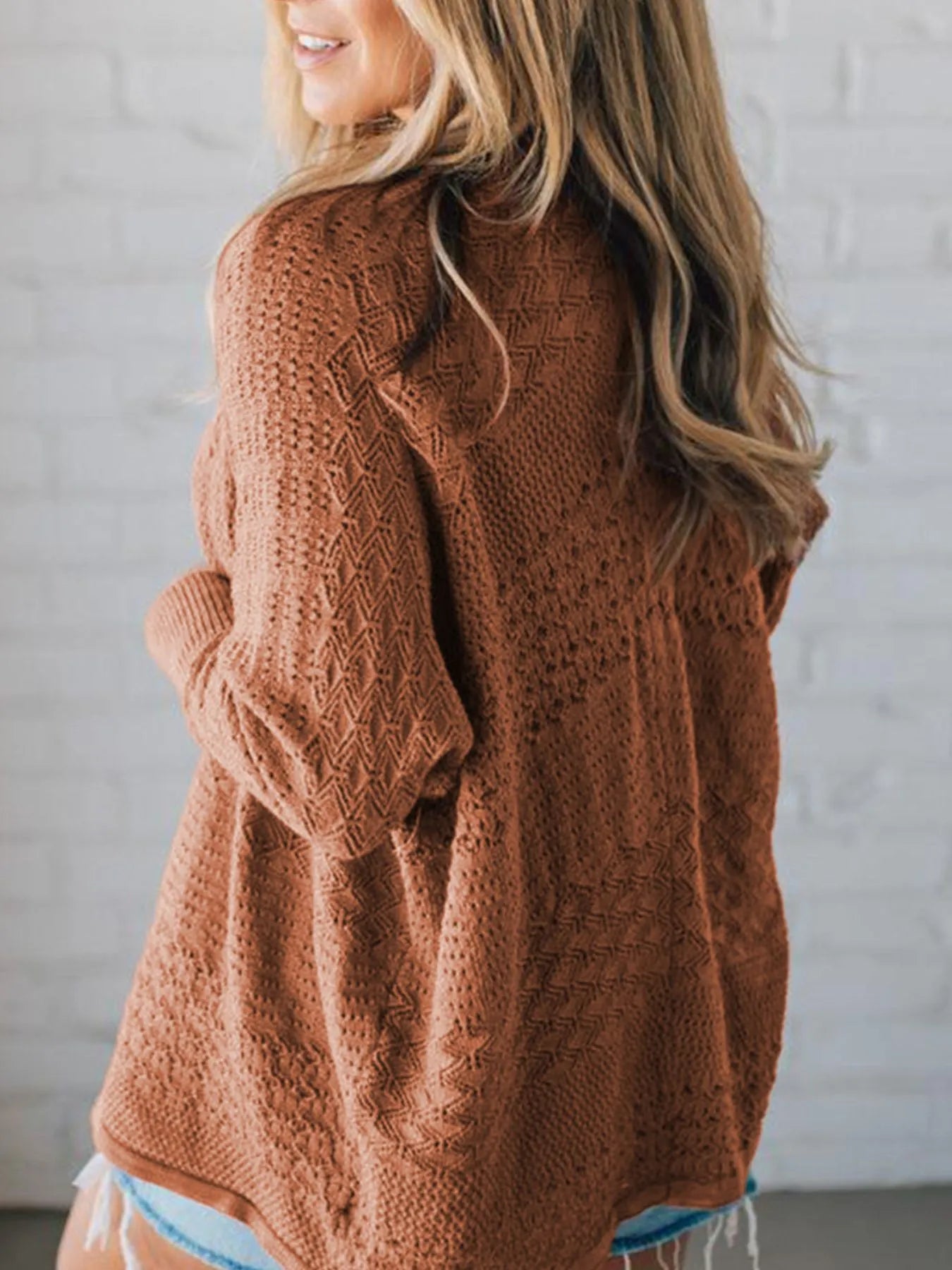 Open Front Knitted Cardigan with Eyelet Details Easy Apparels