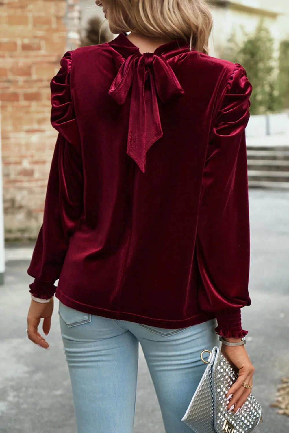 Trendsi Tie Up Mock Neck Velvet Fabric Long Sleeve Blouse